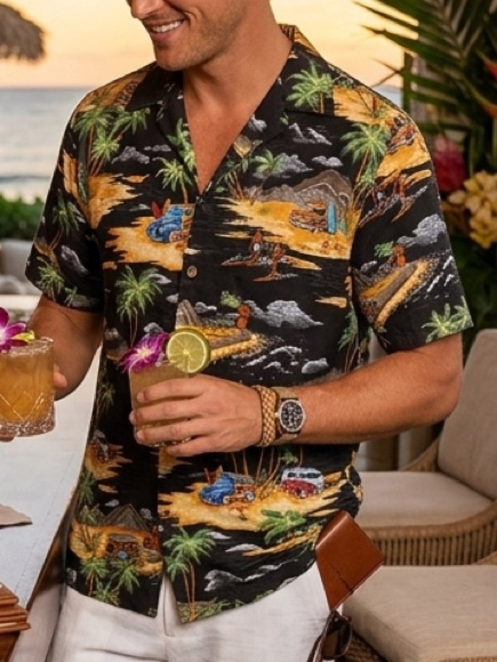 RJC Hawaii Men's Large Aloha Shirt Black Woody Van Surfboard Palm Tree Print